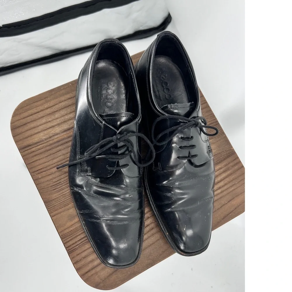 ECCO Mens Black Leather Derby Shoes Lace Up Shock Point Dress Shoes Size 42